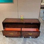 Italian Light Luxury Sideboard with High-Gloss Natural Wood Veneer Four Drawers Open Display Shelf and Gold Wing-Shaped Pulls
